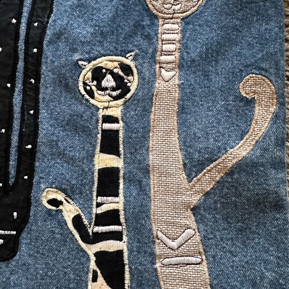 Vintage Jean Denim Jacket Cat Mom Embroidery Appliqué Quirky Cottagecore Artsy S - Picture 5 of 15